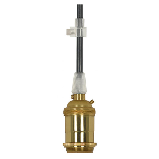 Satco 80-2573 Medium base lampholder 4pc. Solid brass pre-wired Keyless 2 Uno rings 10ft. 18/3 SVT Black Cord Polished brass finish