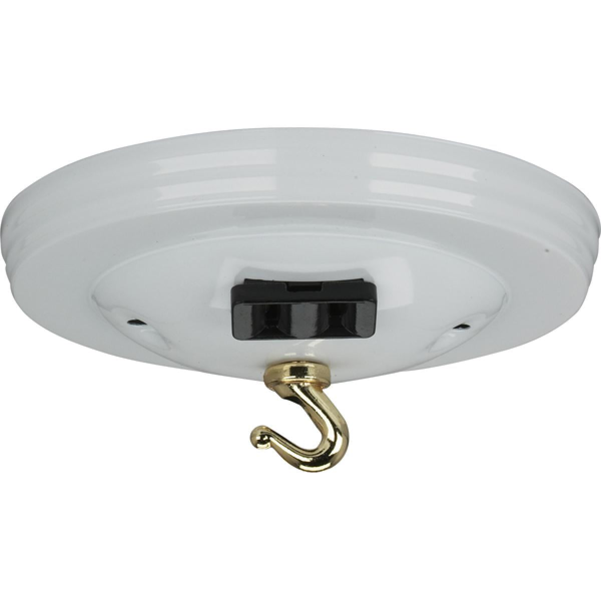 Satco 90-1072 Canopy Kit With Convenience Outlet White Finish 5" Diameter 7/16" Center Hole 2-8/32 Bar Holes Includes Hardware 10lbs Max