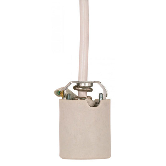 Satco 90-1563 Keyless Porcelain Socket With Hickey, Strain Relief And Fiber Sleeving 8 Foot 18/3 SVT White 105C Leads Unglazed 660W 250V