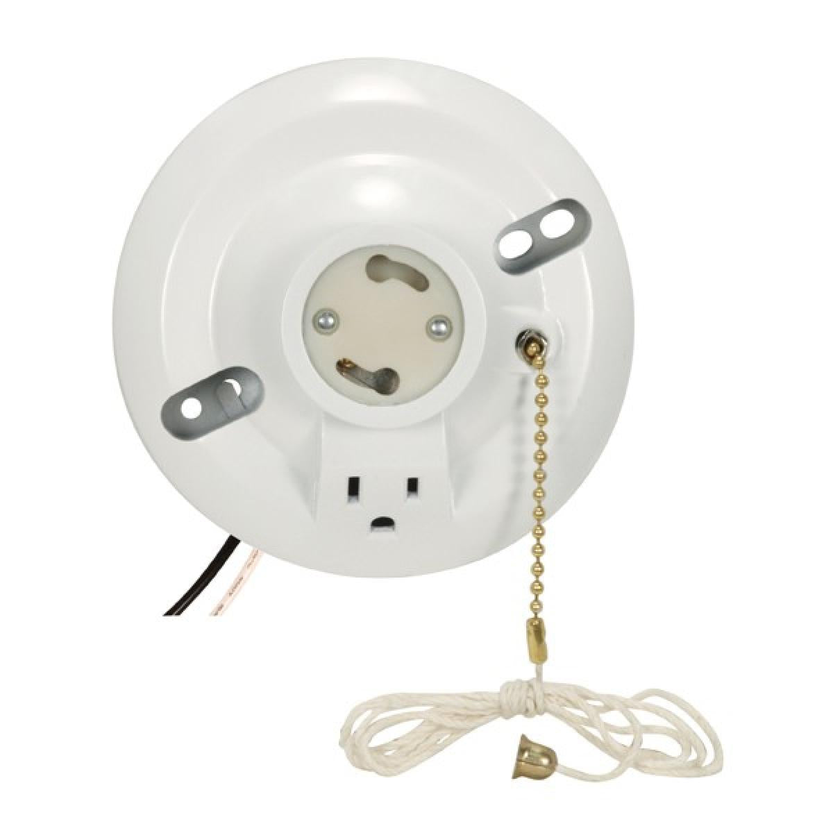 Satco 90-2484 White Phenolic GU24 On-Off Pull Chain Ceiling Receptacle With Grounded Outlet 6" AWM B/W Leads 105C 4-1/2" Diameter 75W 250V