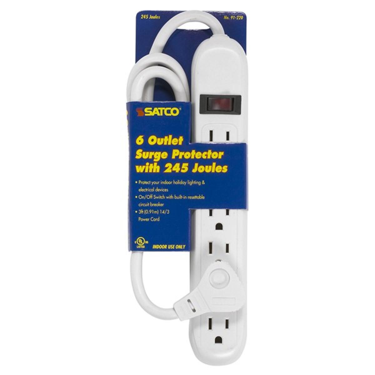 Satco 91-220 6 Outlet Standard Surge Strip With Flat Plug 3 Foot Cord 14/3 SJT Indoor Use Only 245 Joules 15A-125V, 1875W