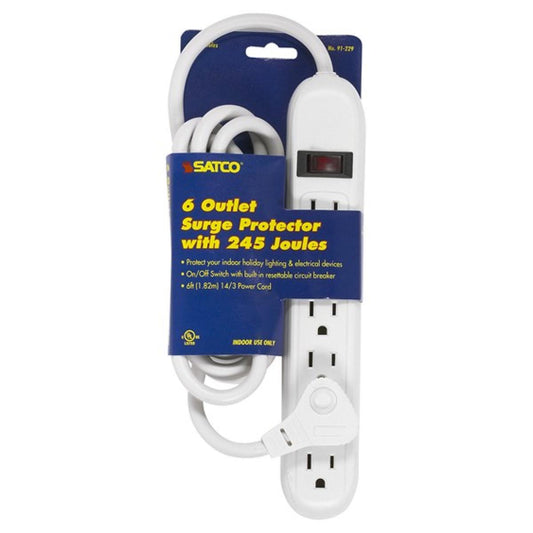 Satco 91-229 6 Outlet Standard Surge Strip With Flat Plug 6 Foot Cord 14/3 SJT Indoor Use Only 245 Joules 15A-125V, 1875W