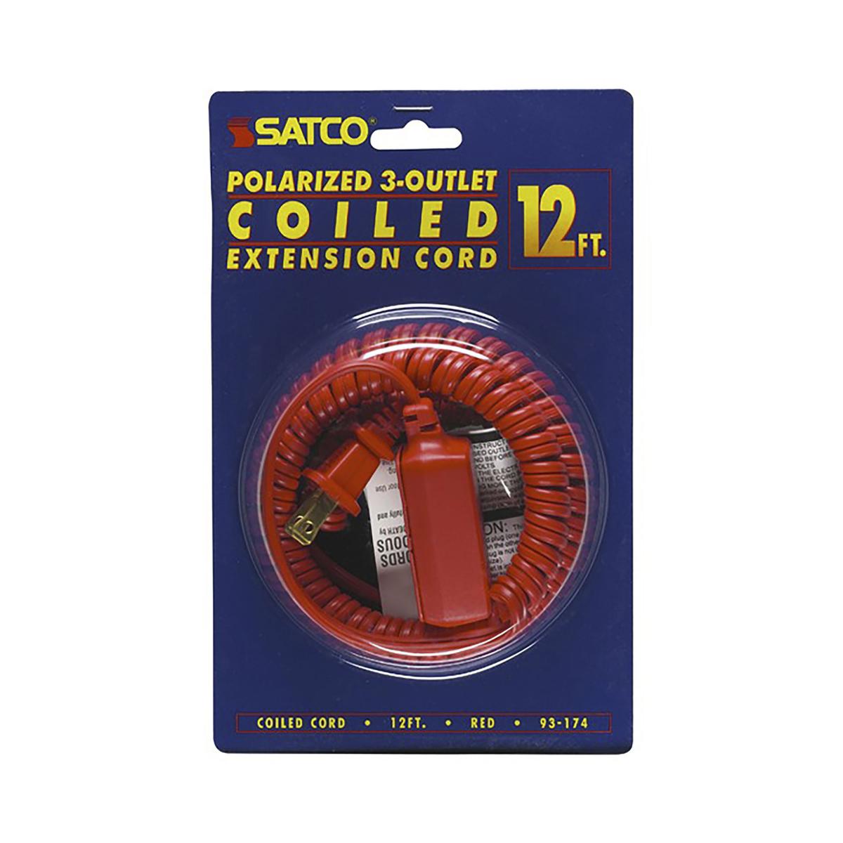 Satco 93-174 12 Foot Coiled (Extended) Extension Cord Red Finish 16/2 SPT-2 13A-125V-1625W Rating