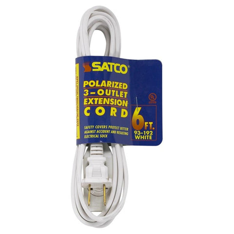 Satco 93-192 6 Foot Extension Cord White Finish 16/2 SPT-2 Indoor Only 13A-125V-1625W Rating