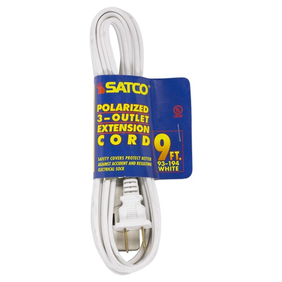 Satco 93-194 9 Foot Extension Cord White Finish 16/2 SPT-2 Indoor Only 13A-125V-1625W Rating