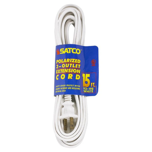 Satco 93-198 15 Foot Extension Cord White Finish 16/2 SPT-2 Indoor Only 13A-125V-1625W Rating