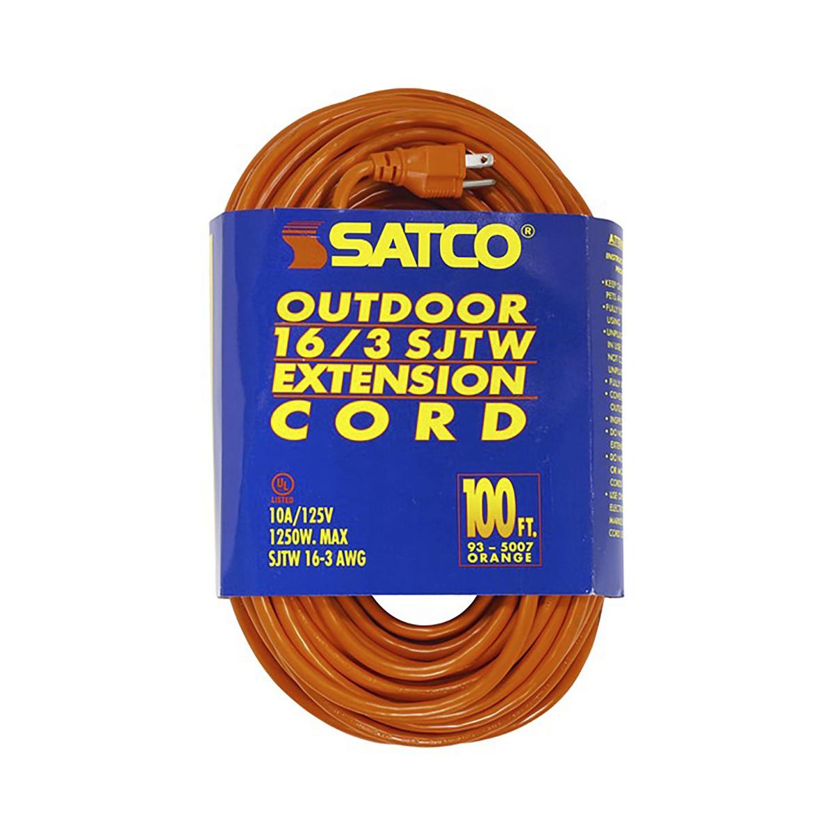 Satco 93-5007 100 Foot Orange Heavy Duty Outdoor Extension Cord 16/3 Ga. SJTW-3 Orange Cord With Sleeve 10A-125V 1250W