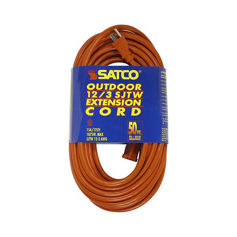 Satco 93-5018 50 Foot Orange Heavy Duty Outdoor Extension Cord 12/3 Ga. SJTW-3 Orange Cord With Sleeve 15A-125V 1875W