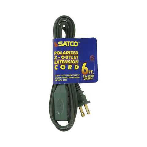 Satco 93-5020 6 Foot Extension Cord Green Finish 16/2 SPT-2 Indoor Only 13A-125V-1625W Rating