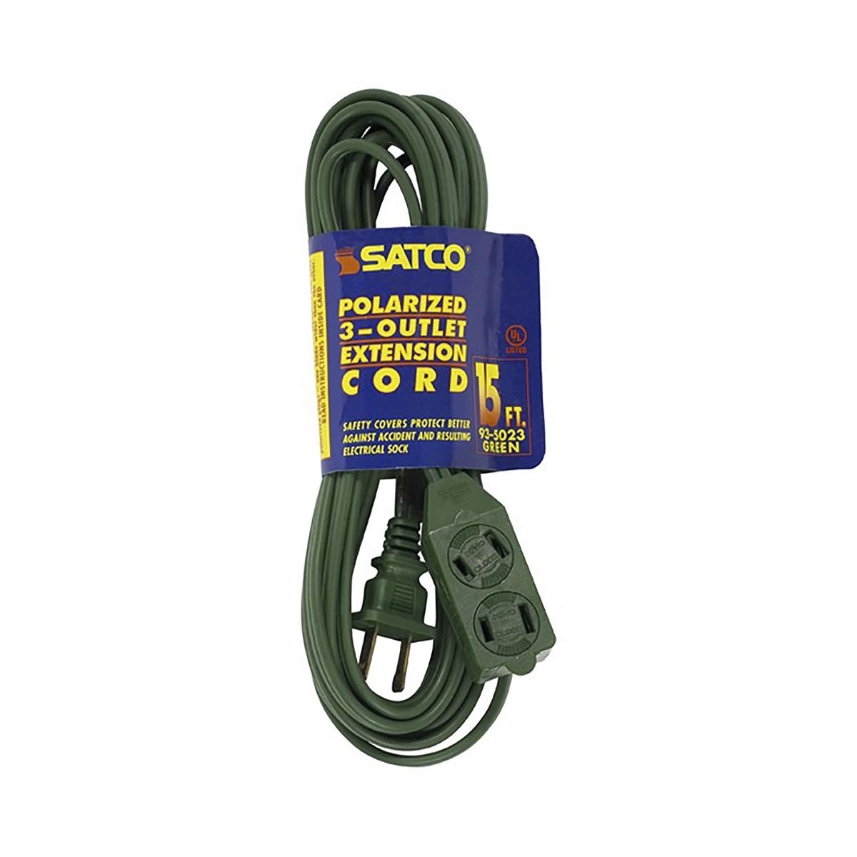 Satco 93-5023 15 Foot Extension Cord Green Finish 16/2 SPT-2 Indoor Only 13A-125V-1625W Rating