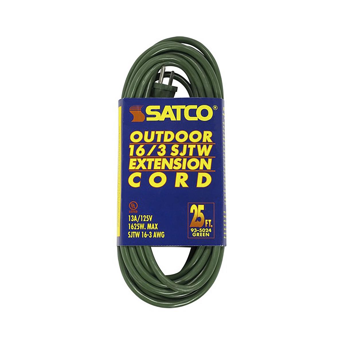 Satco 93-5024 25 Foot Green Heavy Duty Outdoor Extension Cord 16/3 Ga. SJTW-3 Green Cord With Sleeve 13A-125V 1625W