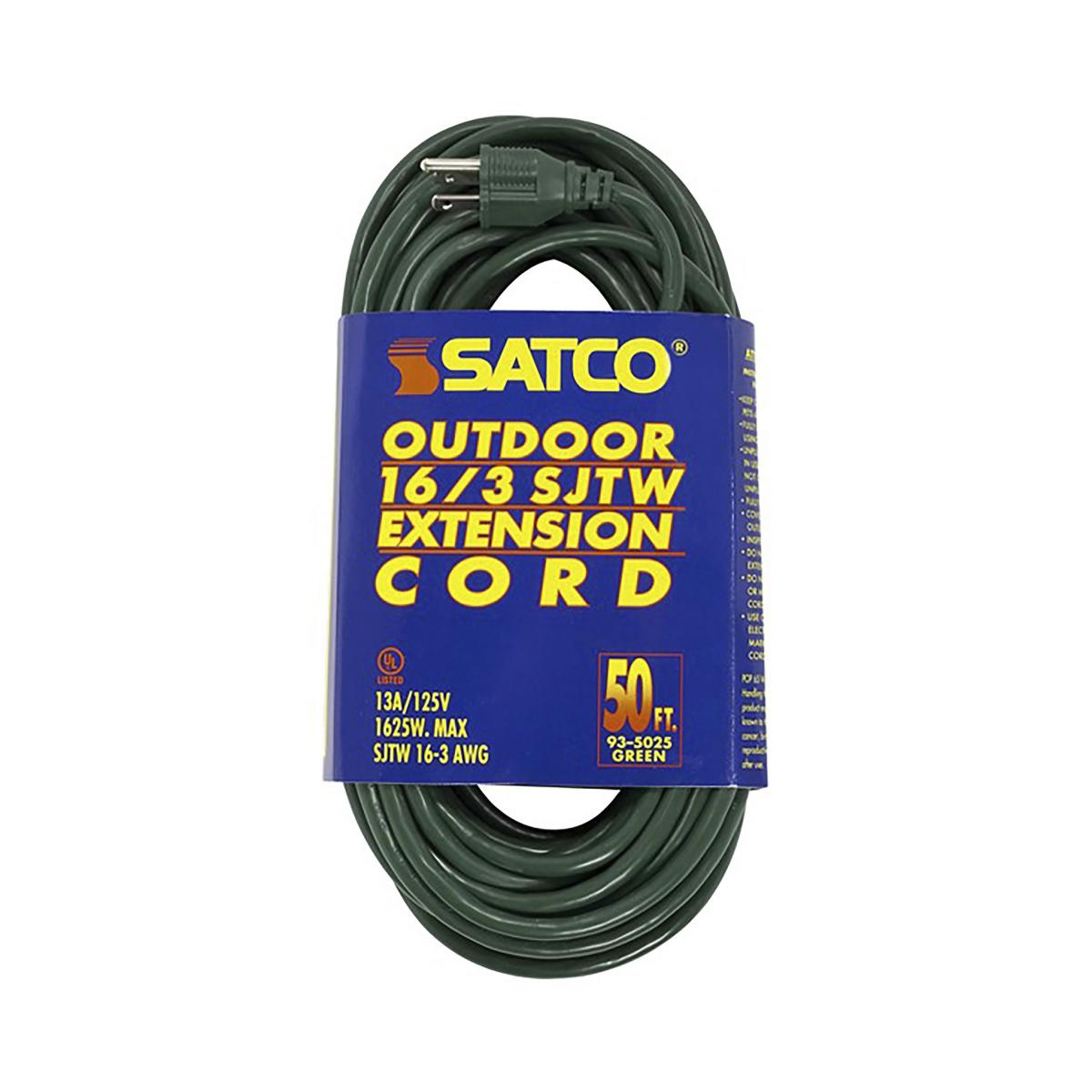 Satco 93-5025 50 Foot Green Heavy Duty Outdoor Extension Cord 16/3 Ga. SJTW-3 Green Cord With Sleeve 13A-125V 1625W