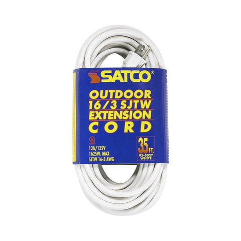 Satco 93-5027 35 Foot White Heavy Duty Outdoor Extension Cord 16/3 Ga. SJTW-3 White Cord With Sleeve 13A-125V 1625W