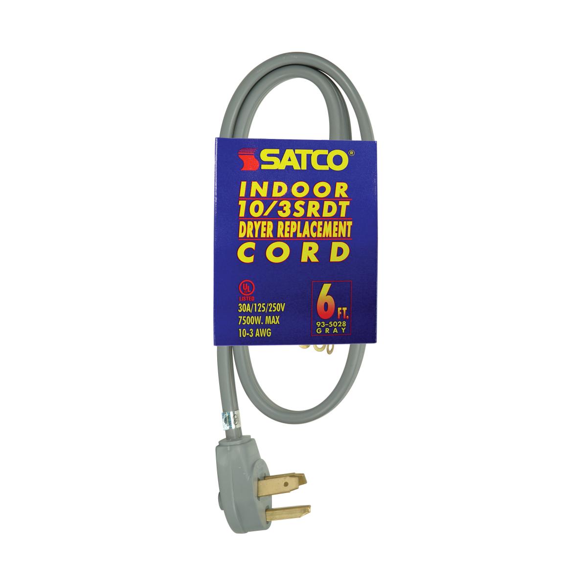 Satco 93-5028 6 Foot, 3 Wire Heavy Duty Replacement Dryer Cord 10-3 SRDT Gray Flat Indoor Use Only 30A/125V-250V 7500W