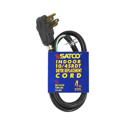 Satco 93-5031 4 Foot, 4 Wire Heavy Duty Replacement Dryer Cord 10-4 SRDT Black Round Indoor Use Only 30A/125V-250V 7500W
