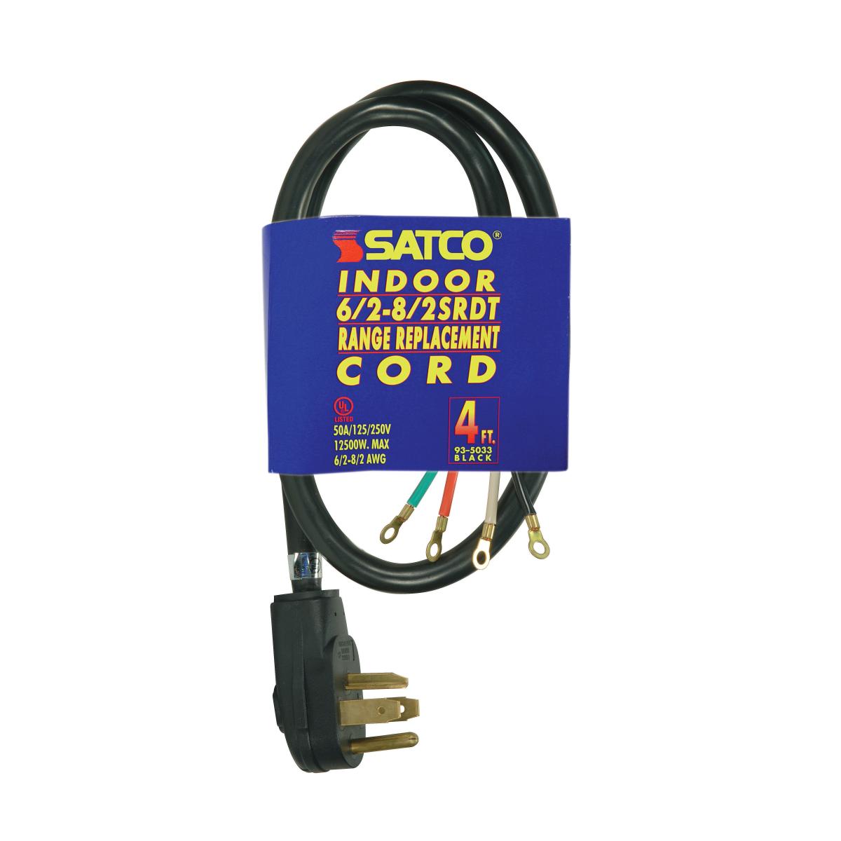 Satco 93-5033 4 Foot, 4 Wire Heavy Duty Replacement Range Cord 6-2 - 8-2 SRDT Black Round Indoor Use Only 50A/125V-250V 12500W