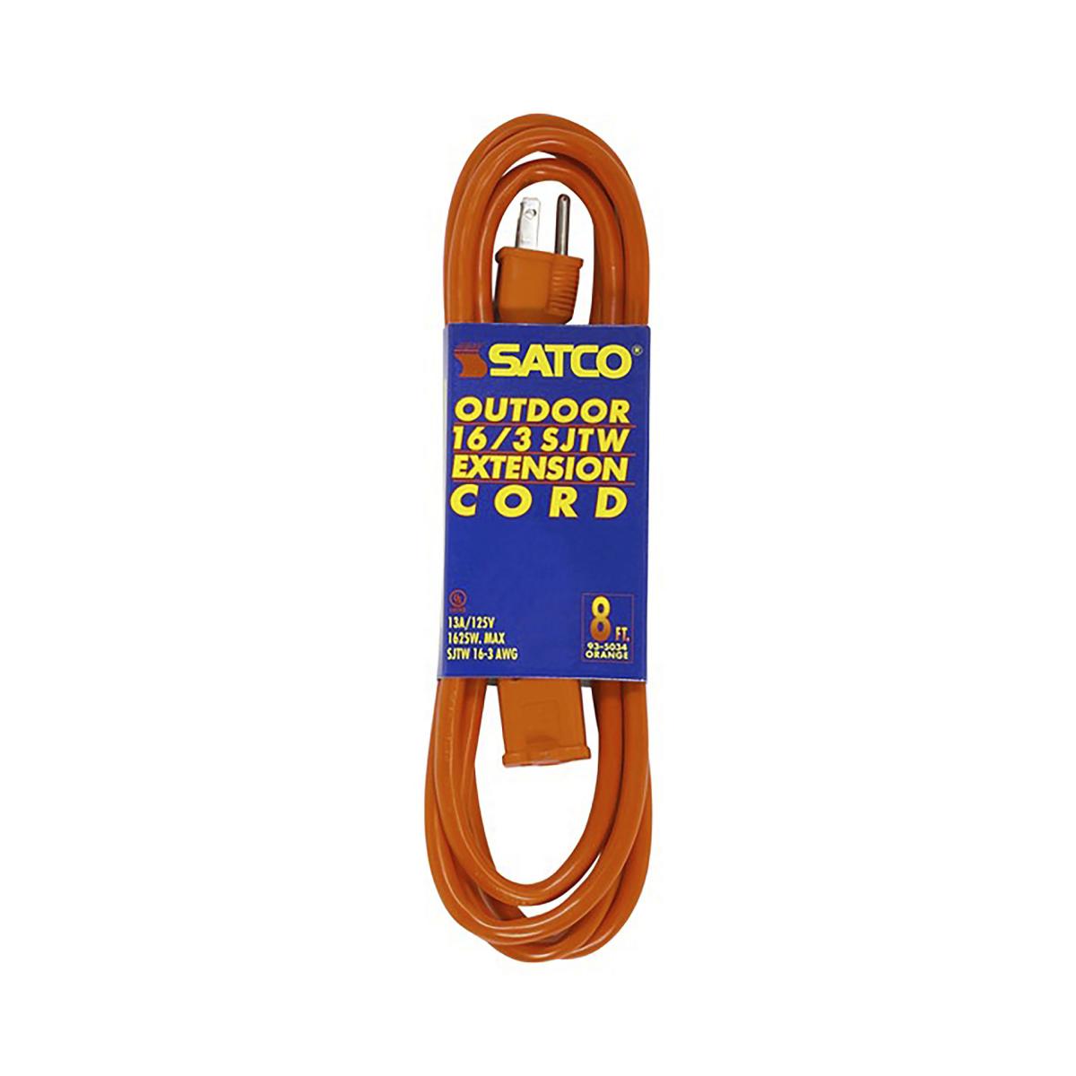 Satco 93-5034 8 Foot Orange Heavy Duty Outdoor Extension Cord 16/3 Ga. SJTW-3 Orange Cord With Sleeve 13A-125V 1625W
