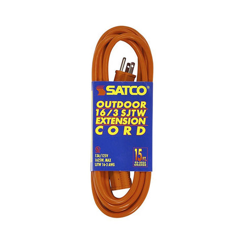 Satco 93-5035 15 Foot Orange Heavy Duty Outdoor Extension Cord 16/3 Ga. SJTW-3 Orange Cord With Sleeve 13A-125V 1625W