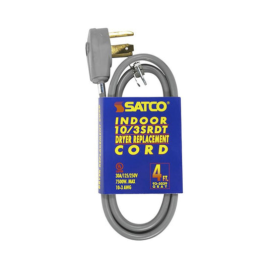 Satco 93-5039 4 Foot, 3 Wire Heavy Duty Replacement Dryer Cord 10-3 SRDT Gray Flat Indoor Use Only 30A/125V-250V 7500W