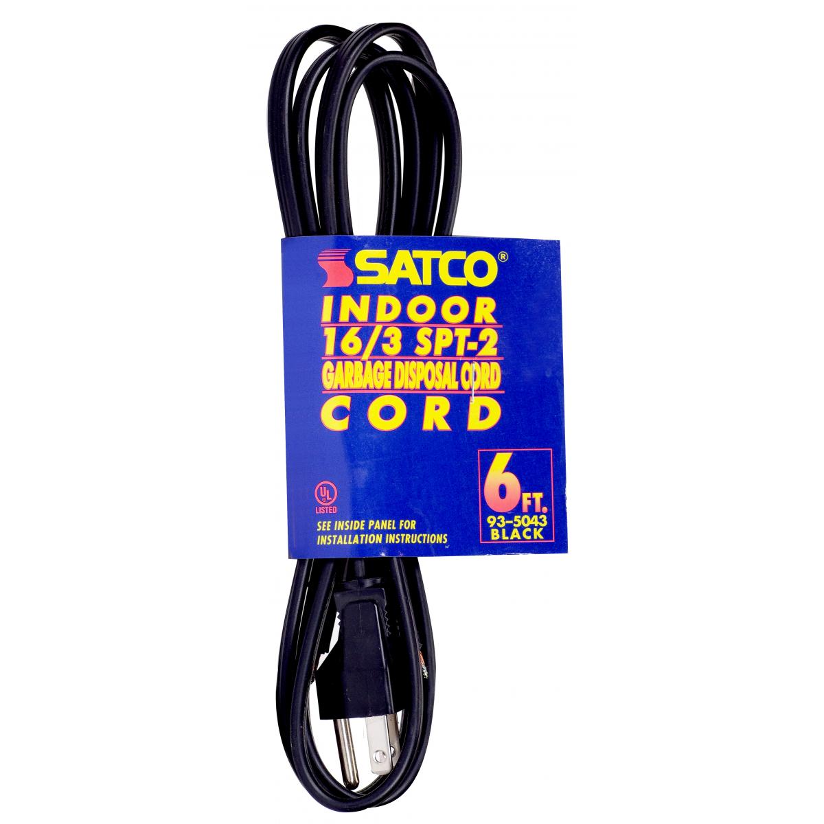 Satco 93-5043 6 Foot, 3 Wire Heavy Duty Replacement Garbage Disposal Cord 16-3 SPT-2 Black Indoor Use Only 13A/125V 1625W