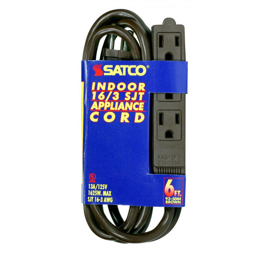 Satco 93-5044 6 Foot Extension Cord Brown Finish 16/3 SJT Indoor Only 13A-125V-1625W Rating