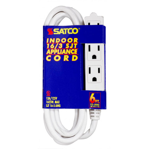 Satco 93-5045 6 Foot Extension Cord White Finish 16/3 SJT Indoor Only 13A-125V-1625W Rating