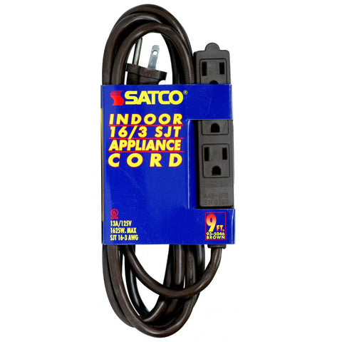 Satco 93-5046 9 Foot Extension Cord Brown Finish 16/3 SJT Indoor Only 13A-125V-1625W Rating
