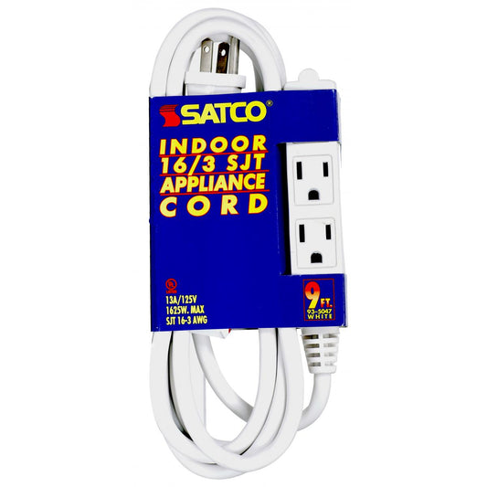 Satco 93-5047 9 Foot Extension Cord White Finish 16/3 SJT Indoor Only 13A-125V-1625W Rating