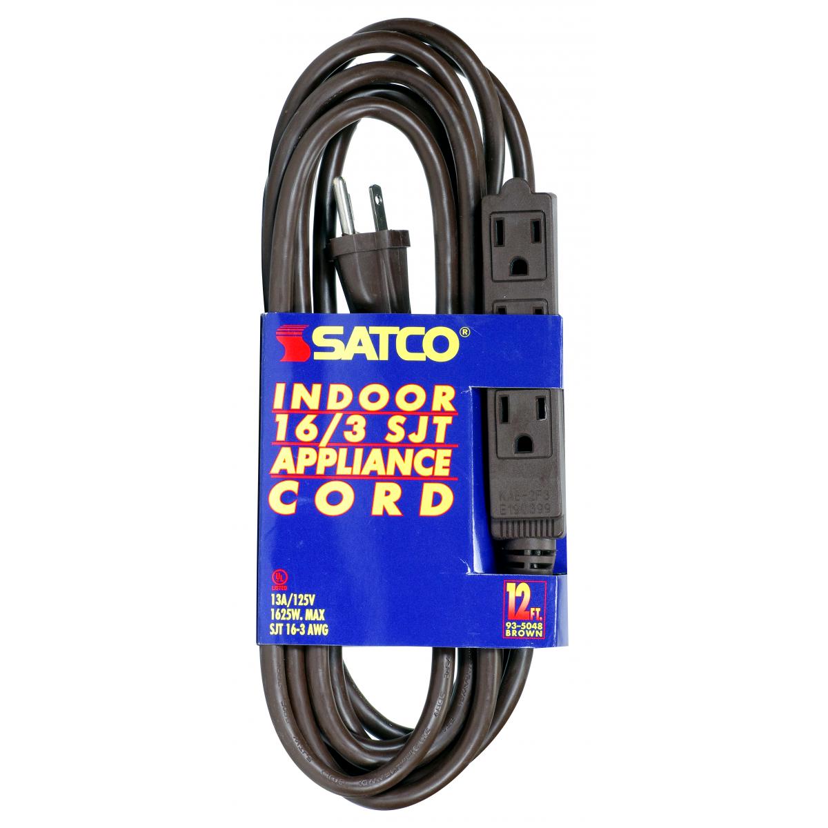 Satco 93-5048 12 Foot Extension Cord Brown Finish 16/3 SJT Indoor Only 13A-125V-1625W Rating