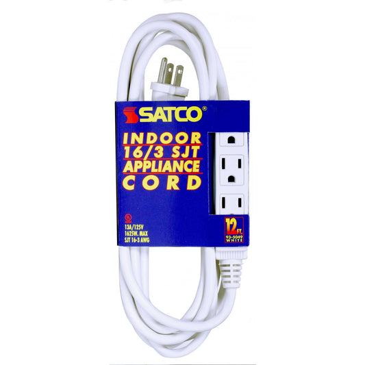 Satco 93-5049 12 Foot Extension Cord White Finish 16/3 SJT Indoor Only 13A-125V-1625W Rating