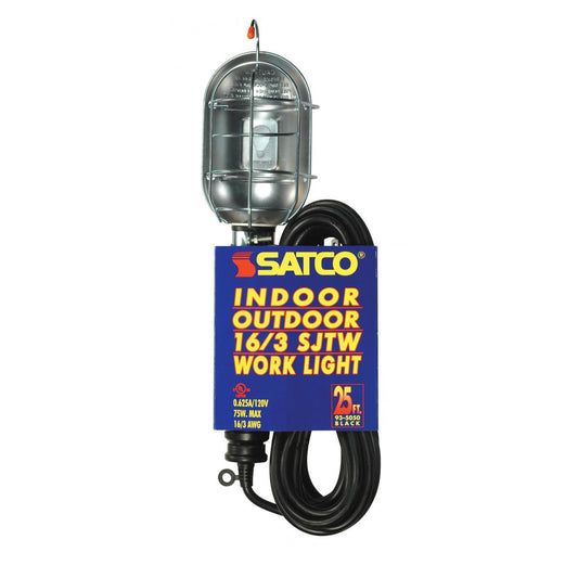 Satco 93-5050 25 Foot, 3 Wire Black Metal Trouble Light With Cage And Yellow Outlet Indoor And Outdoor Use 0.625A-120V 75W Max