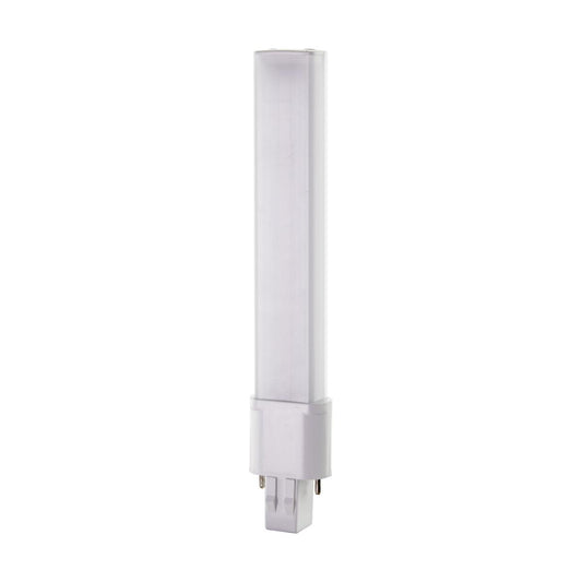 Satco S28725 6 Watt LED PL 2-PIN 2700K 600 Lumens GX23 base 50000 Average rated hours 360 deg. Beam Angle 120-277 Volt Type B Ballast Bypass