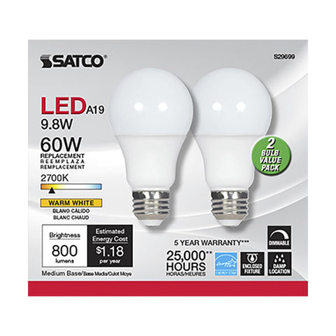 Satco S29699 9.8 Watt A19 LED Medium base 2700K Frosted 220 deg. Beam Angle 120 Volt 2-Pack Display Pack