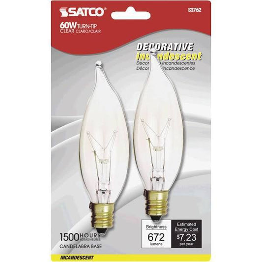 Satco S3773 15W TT CAND CLR 15 watt CA8 Incandescent Clear Candelabra base 120 volts