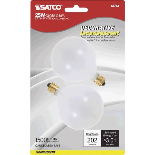 Satco S3753 25W G16 1/2 CAND WHT 25 watt G16 1/2 Incand. Satin White  Candelabra base 120 volts